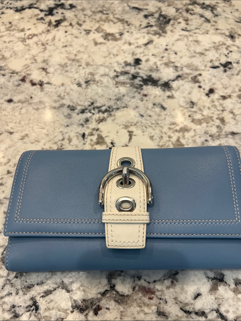 Coach Blue Leather Wallet with Cream Strap and Silver Hardware